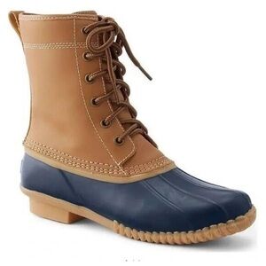 Lands End Rubber Duck Boots Thermolite Waterproof Flannel Lace Up Brown Leather